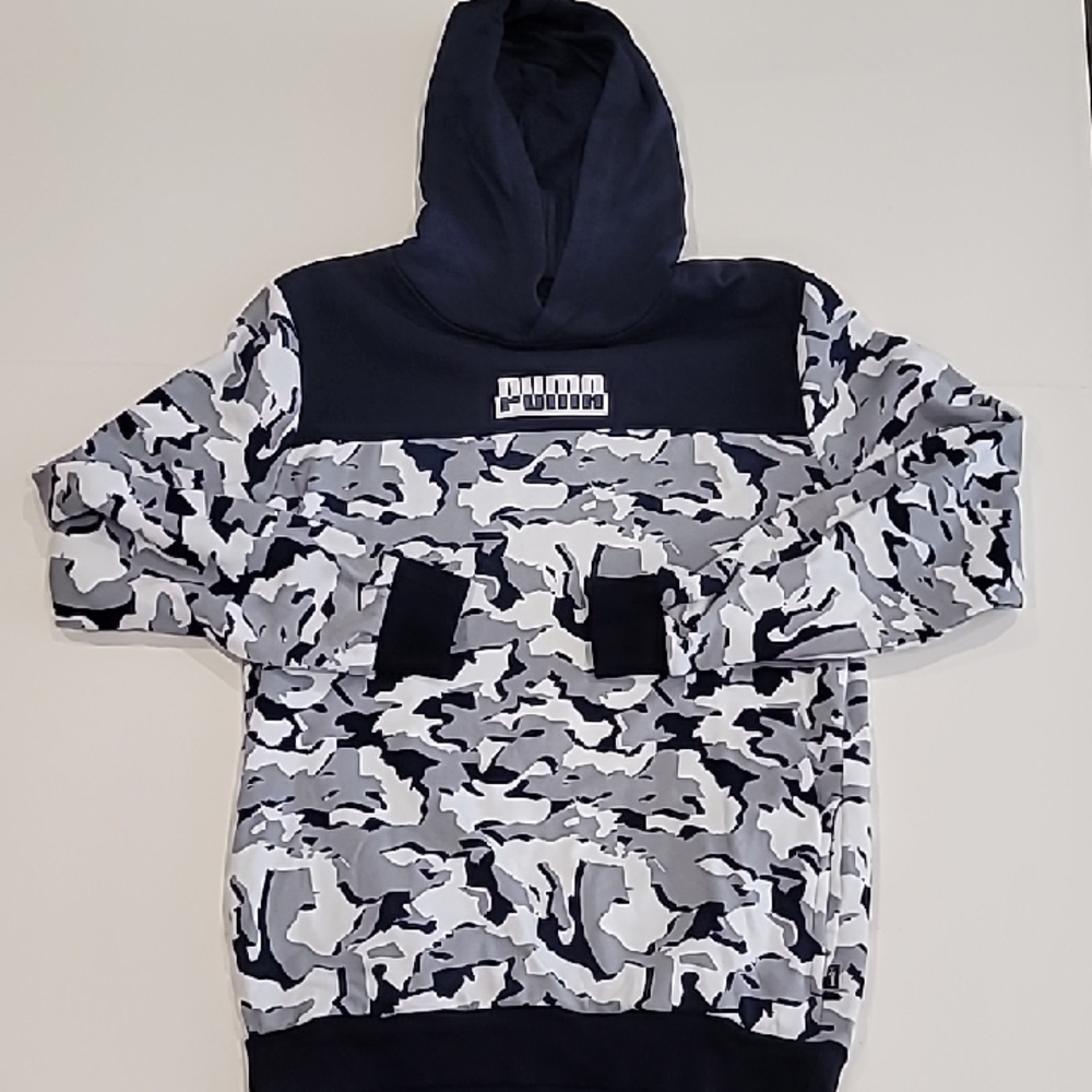 Puma Mens Pullover Hoodie Dark Navy Gray White Small Camouflage Graphic - Picture 2 of 10